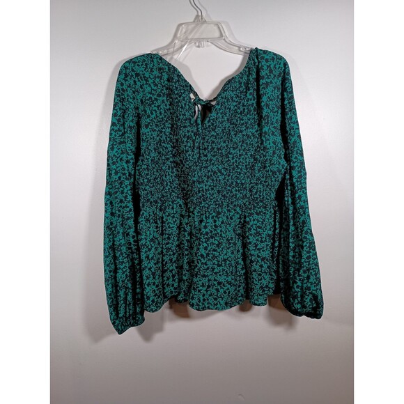 Ava And Viv Blouse Green Black Career Peplum Long Sleeve Smocked Plus Size 1X - Picture 6 of 7